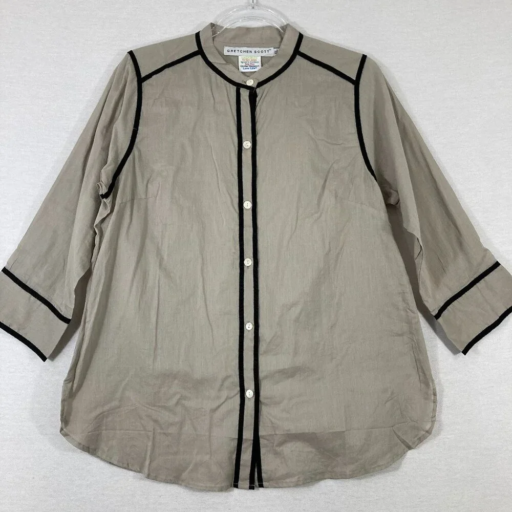 Gretchen Scott Gray Black Trim 3/4 Sleeve Cotton Button Down XL Preppy